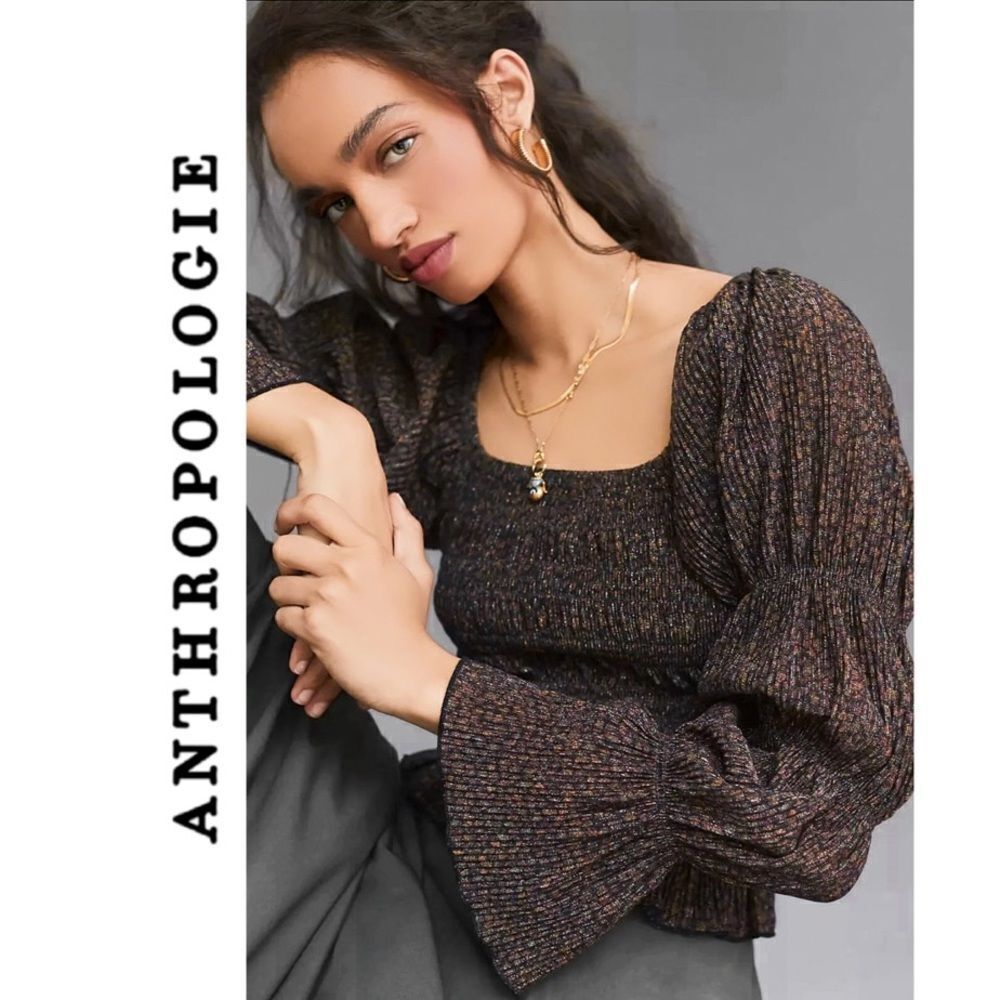 Like New Anthropologie Metallic Square Neck Smocked Top